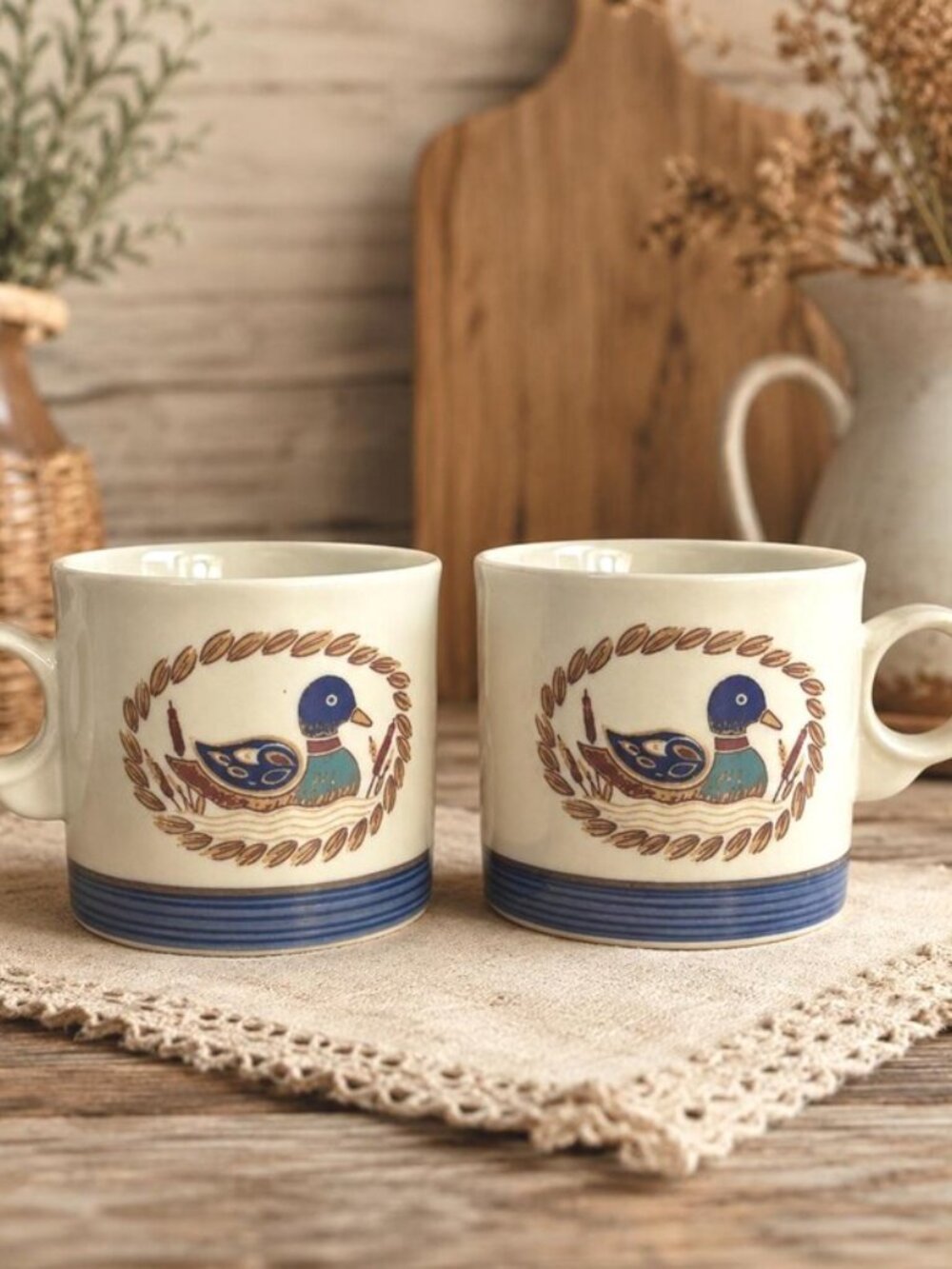 Set of 2 Vintage Epoch American Mug, Mallard Duck Stoneware Cup, Korea